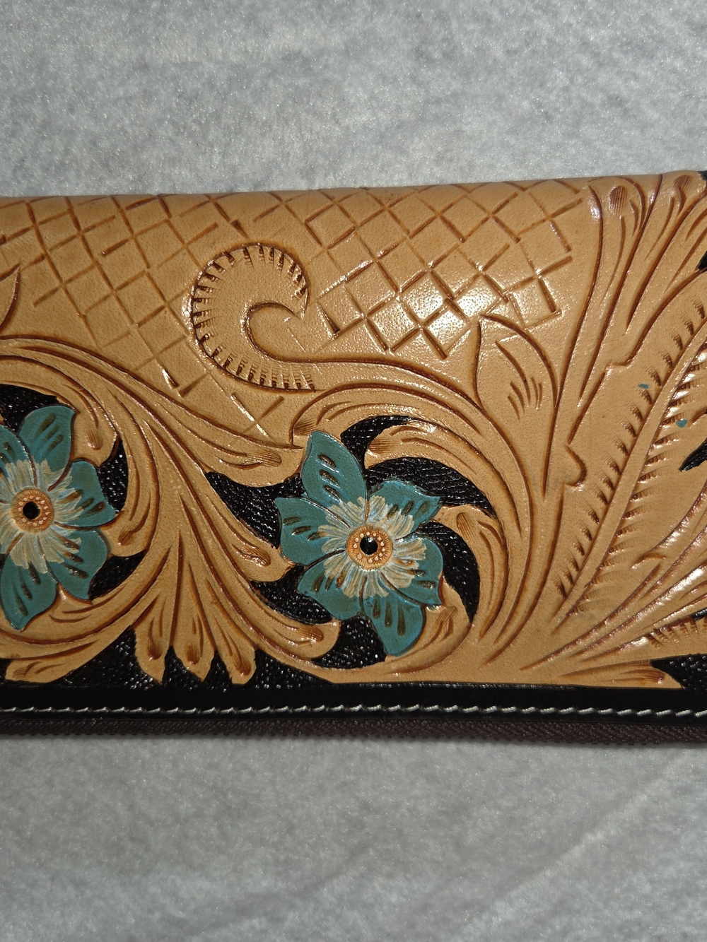 Hand-Tooled Floral Wallet in Tan with Teal Accents. 8x4